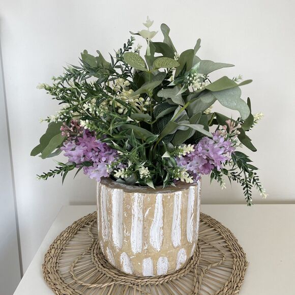Handmade Faux Floral Lilac Arrangement in Wood Pot Home Decor Artificial Plant - Picture 1 of 6